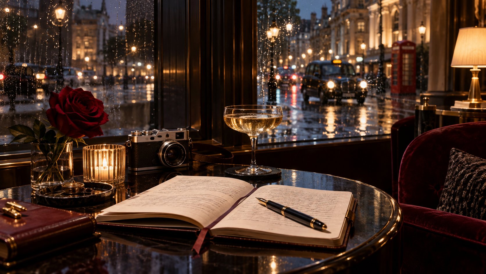 An open journal, camera, champagne and a rose beside a rainy London window